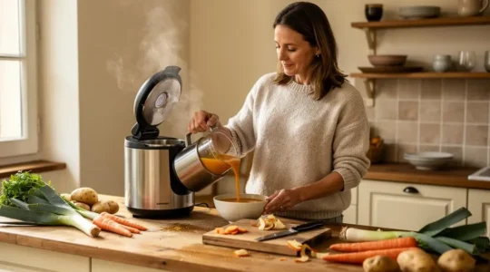 Une femme verse une soupe chaude fumante depuis un appareil à soupe posé sur le plan de travail de sa cuisine.