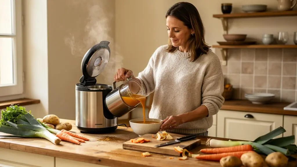 Une femme verse une soupe chaude fumante depuis un appareil à soupe posé sur le plan de travail de sa cuisine.