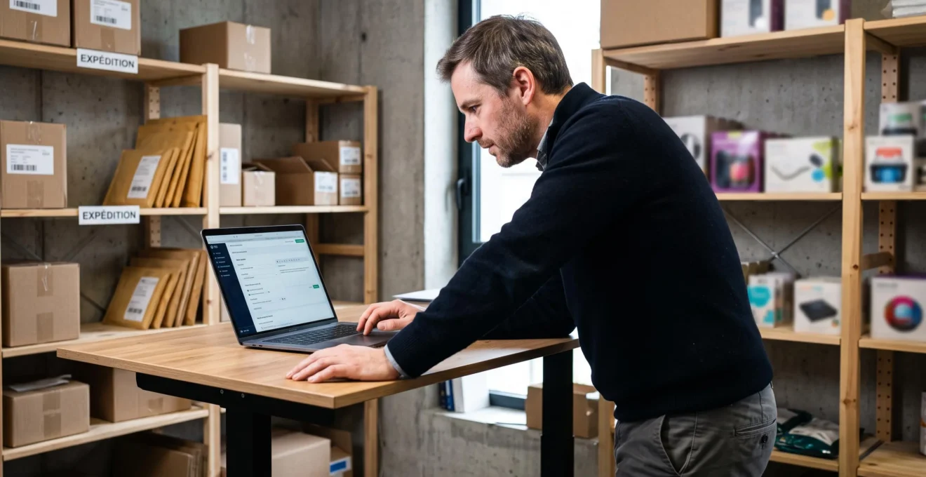 Gérant de e-commerce debout devant son ordinateur portable, configurant des campagnes SMS automatiques pour les notifications de commande dans son espace de travail avec stockage de produits.