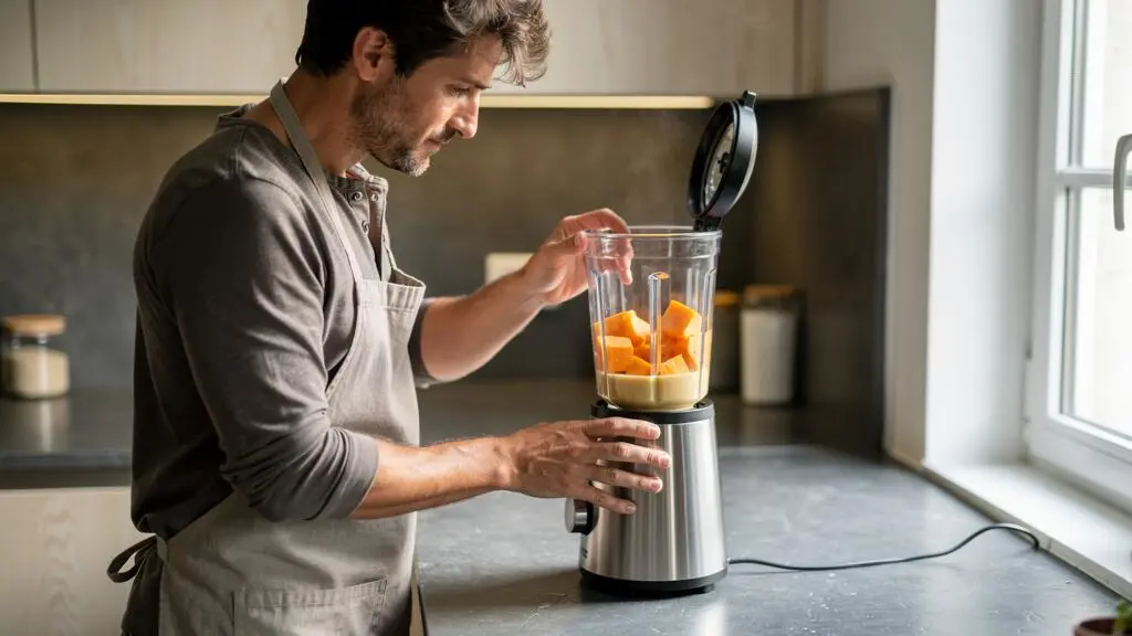 Un homme verse des morceaux de potiron et du liquide dans le bol d'un blender chauffant ouvert dans sa cuisine.