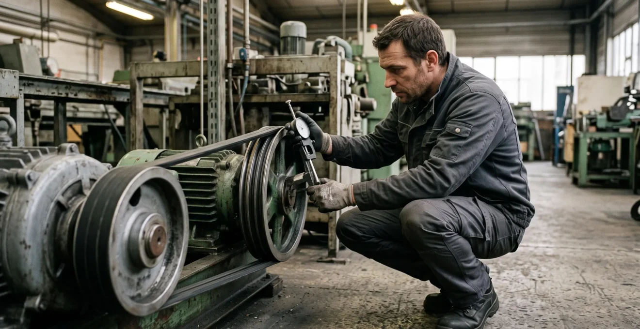 Technicien utilisant un outil de mesure de tension sur une courroie trapézoïdale installée sur une machine industrielle