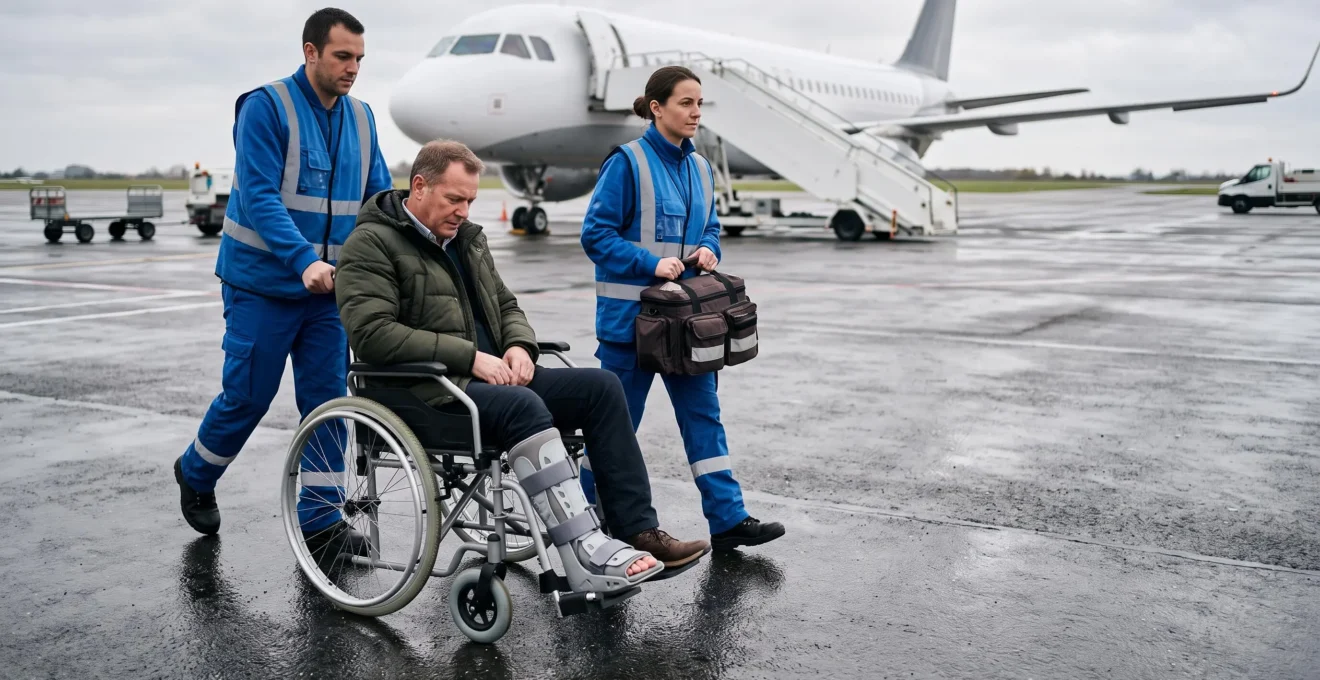 Un blessé avec une attelle à la jambe est conduit en fauteuil de transfert sur le tarmac d'un aéroport régional vers un avion de ligne.