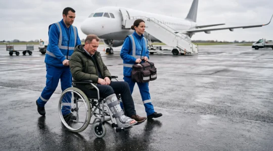 Un blessé avec une attelle à la jambe est conduit en fauteuil de transfert sur le tarmac d'un aéroport régional vers un avion de ligne.