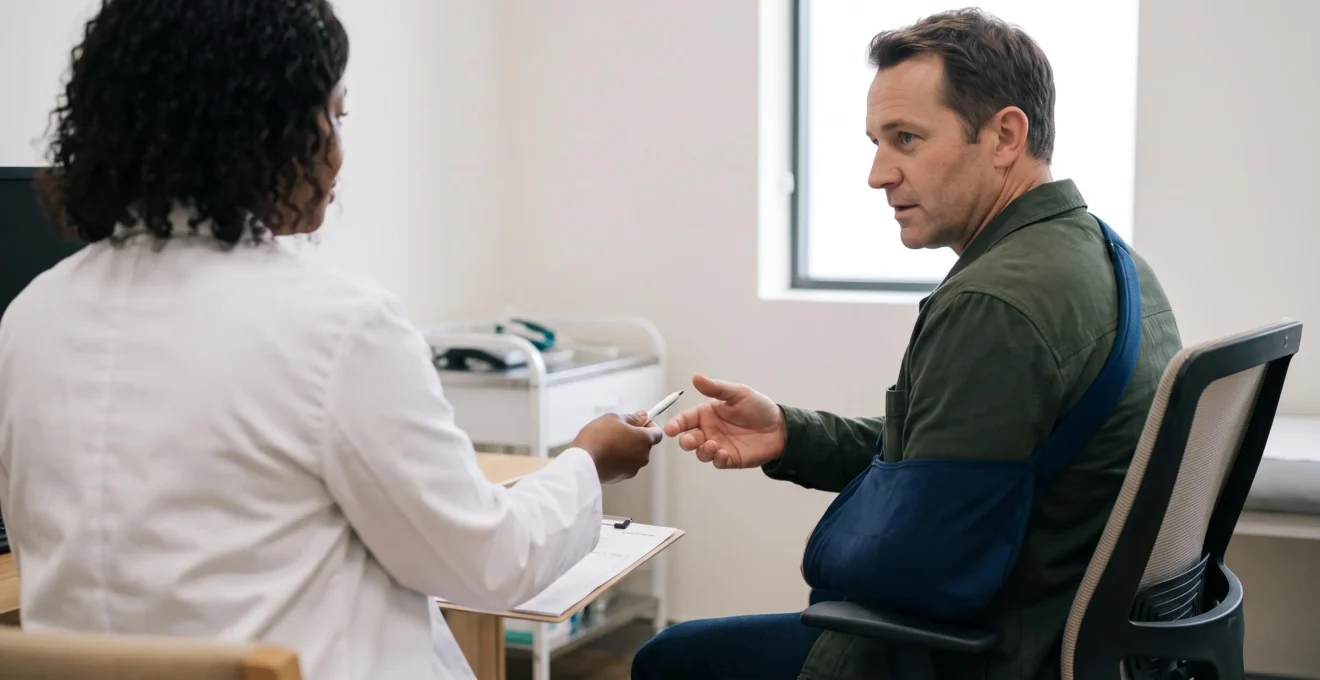 Une réceptionniste de clinique remet une facture et un reçu à un patient portant une écharpe à l'épaule au comptoir d'accueil.