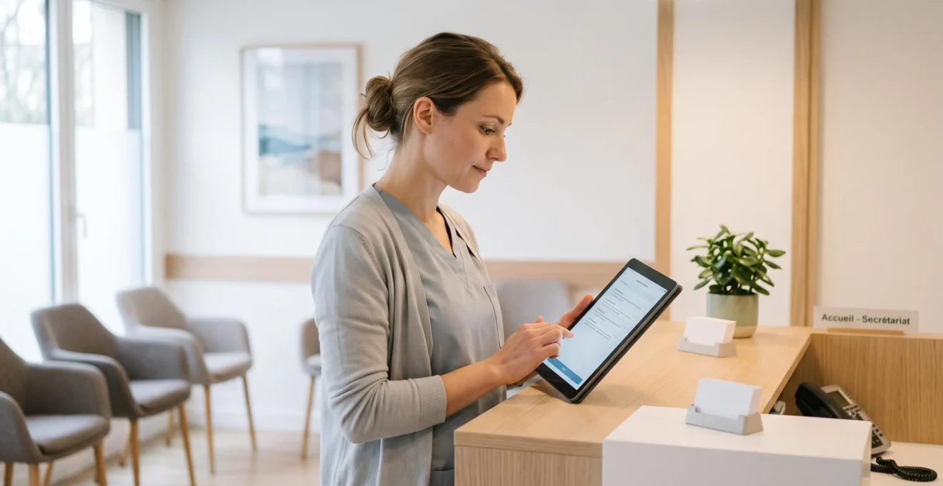 Réceptionniste médicale debout au comptoir d'accueil, utilisant une tablette pour envoyer des SMS de rappel de rendez-vous aux patients.