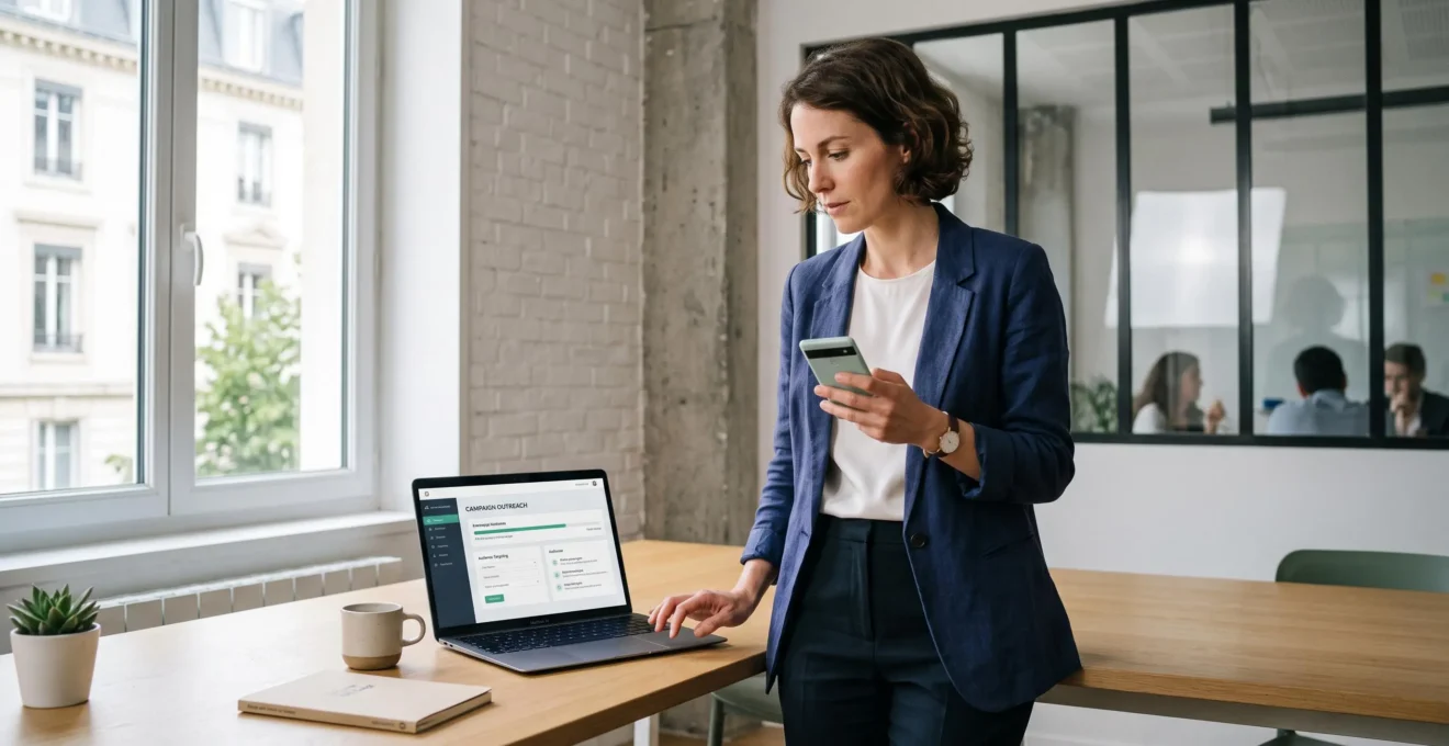 Responsable marketing debout dans un bureau moderne, utilisant simultanément un smartphone et un ordinateur portable pour lancer une campagne SMS professionnelle.