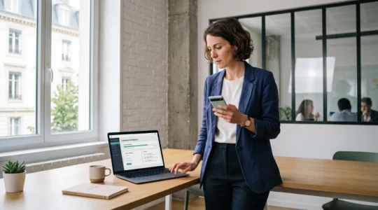 Responsable marketing debout dans un bureau moderne, utilisant simultanément un smartphone et un ordinateur portable pour lancer une campagne SMS professionnelle.