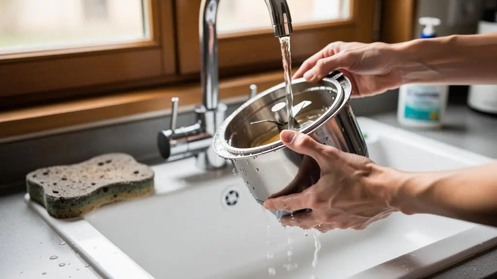 Deux mains rincent sous l'eau le bol amovible et le couvercle d'un appareil à soupe dans un évier de cuisine.