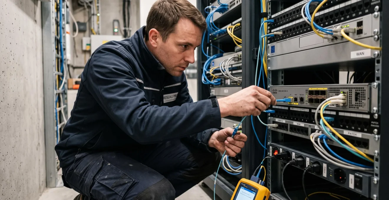 Technicien connectant un lien de secours en fibre optique sur un routeur professionnel dans un local technique de PME.