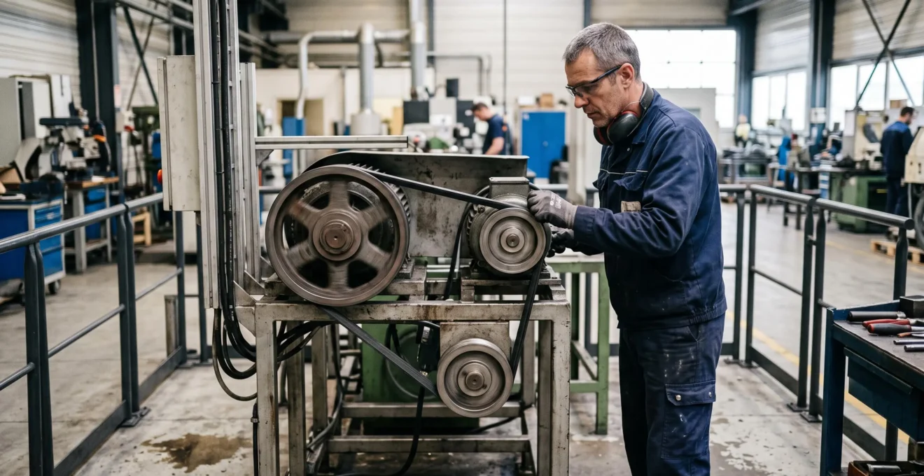 Technicien de maintenance inspectant un système de transmission par courroie trapézoïdale dans un atelier industriel