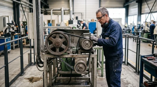 Technicien de maintenance inspectant un système de transmission par courroie trapézoïdale dans un atelier industriel