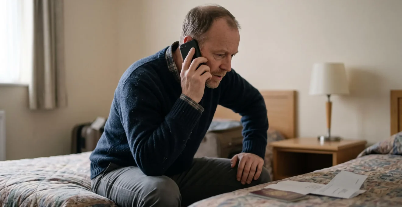Un voyageur appelle sa plateforme d'assistance au téléphone depuis une chambre d'hôtel, passeport et justificatifs posés à côté de lui.